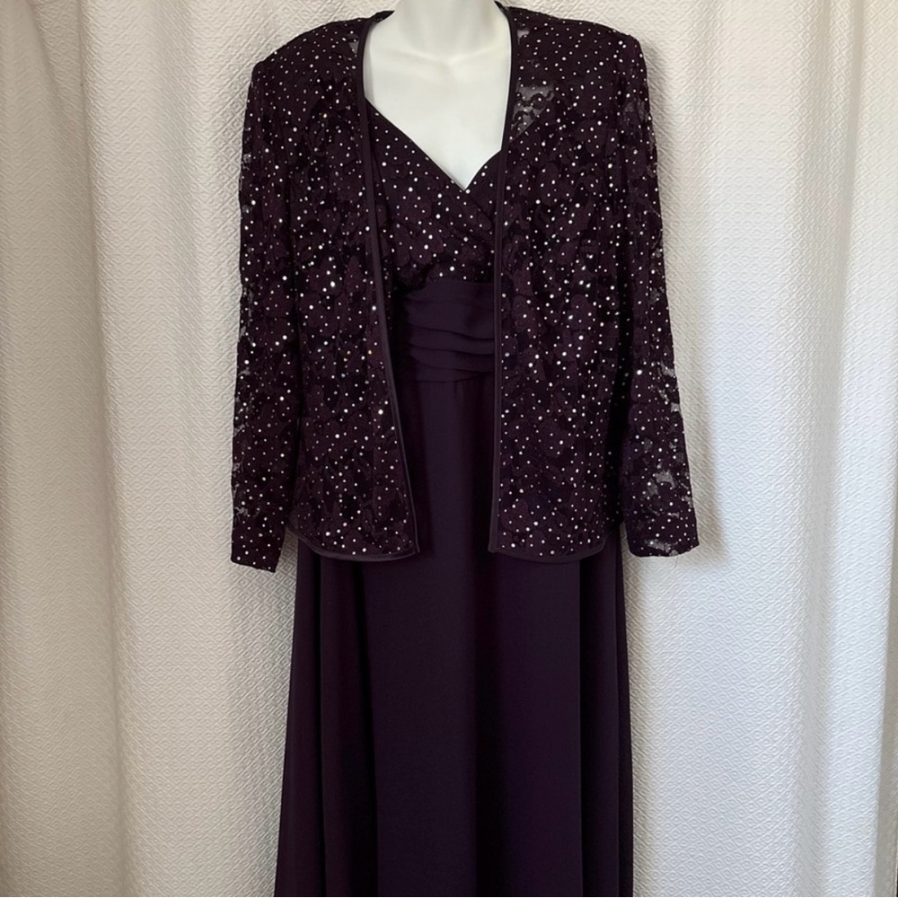 R&M Richards Sleeveless Short Sleeve Dress with Jacket Eggplant Purple 16W